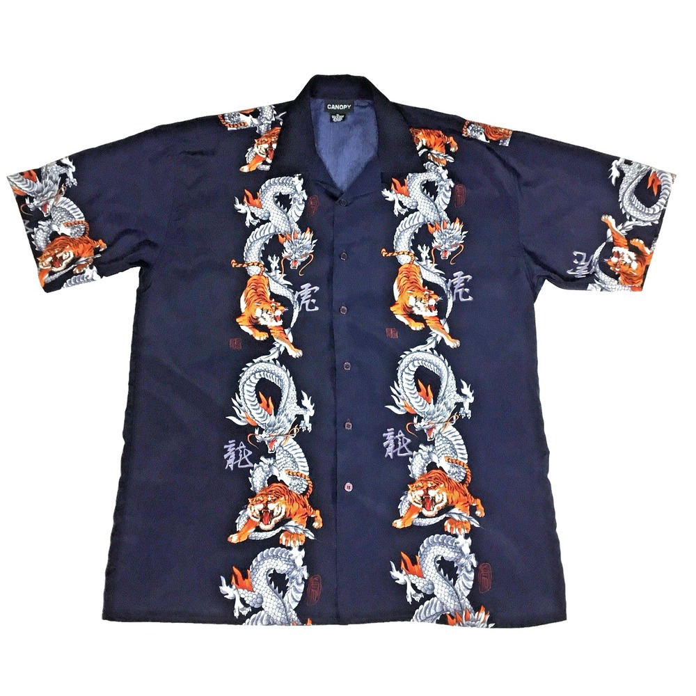 Canopy Mens XL Navy Blue Dragon Tiger Graphic Button Up Short Sleeve Camp Shirt‎